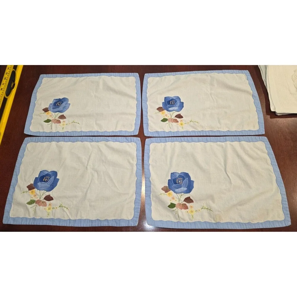 Vintage Floral Applique & Embroidered Placemats w/Napkins Set of 4
